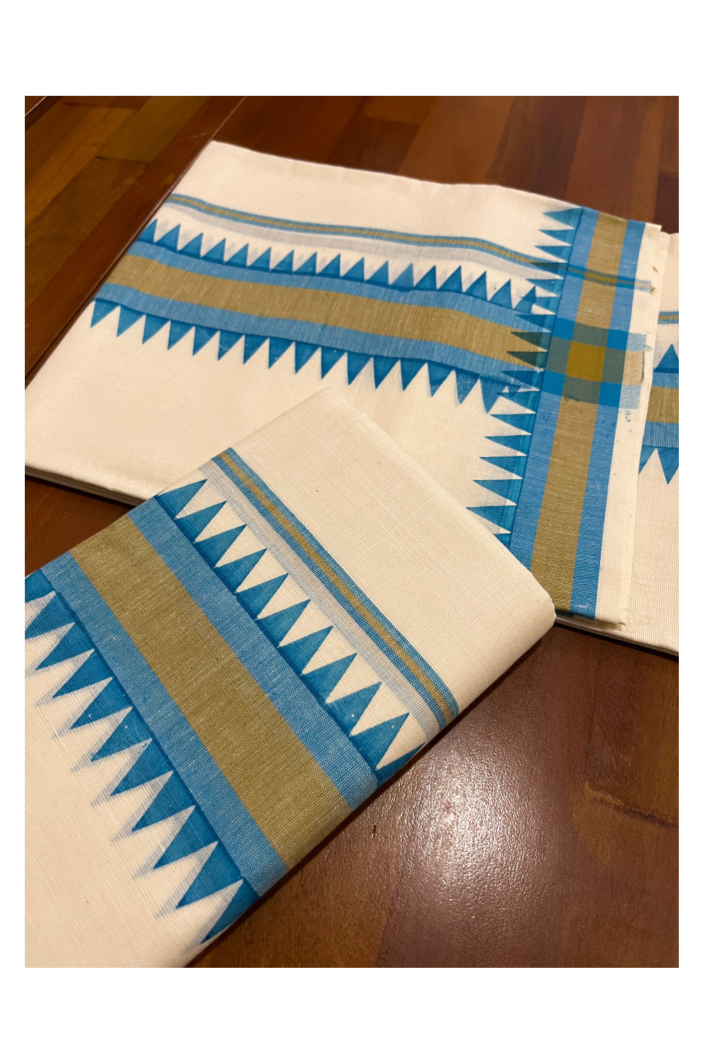 Kerala Cotton Mulloth Mundum Neriyathum Single (Set Mundu) with Blue Temple Block Prints on Border (Extra Soft Cotton)