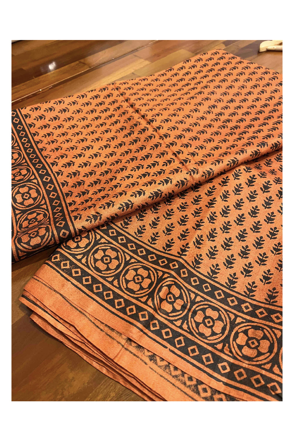 Southloom Handloom Pure Tussar Dark Orange and Black Printed Designer Saree