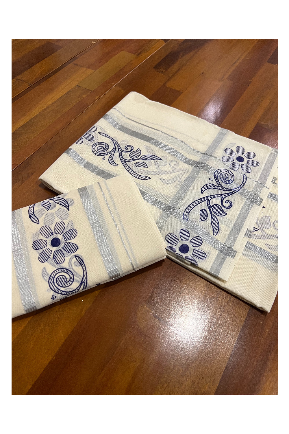 Kerala Cotton Set Mundu (Mundum Neriyathum) with Blue Block Prints in Silver Border