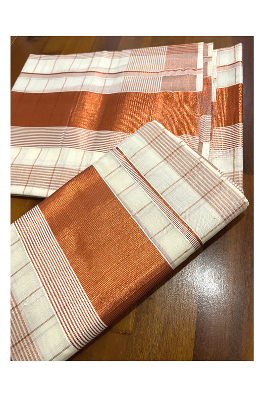 Kerala Cotton Set Mundu (Mundum Neriyathum) with Copper Kasavu Checks Across Body 2.80 Mtrs