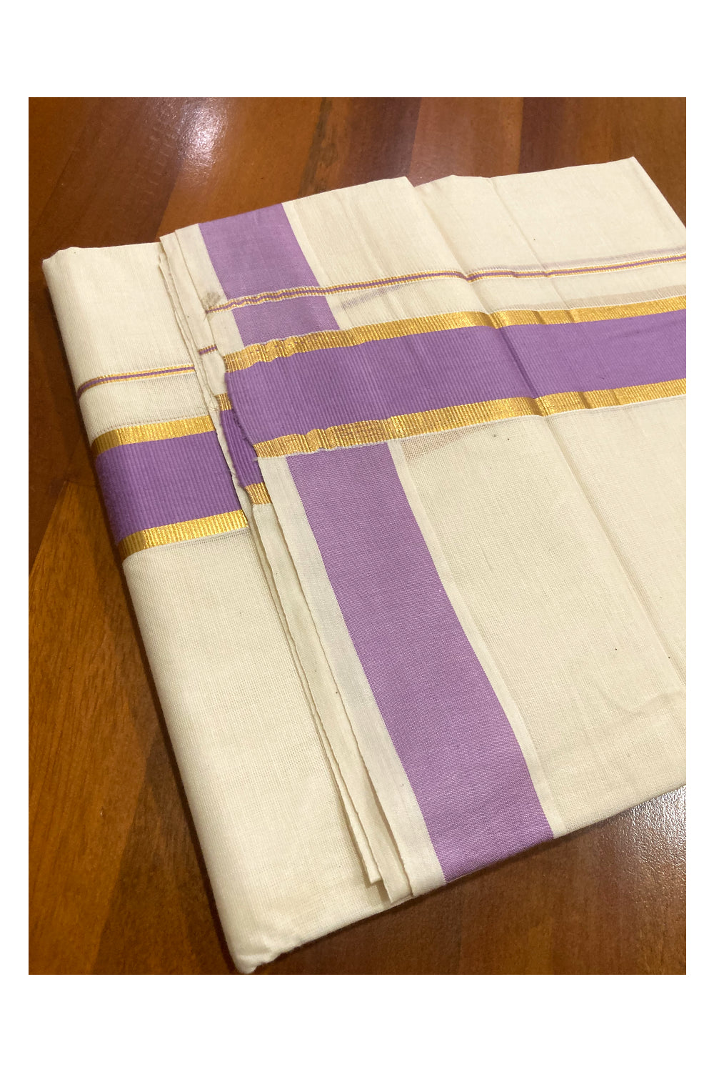 Off White Pure Cotton Double Mundu with Kasavu and Violet Border (South Indian Kerala Dhoti)