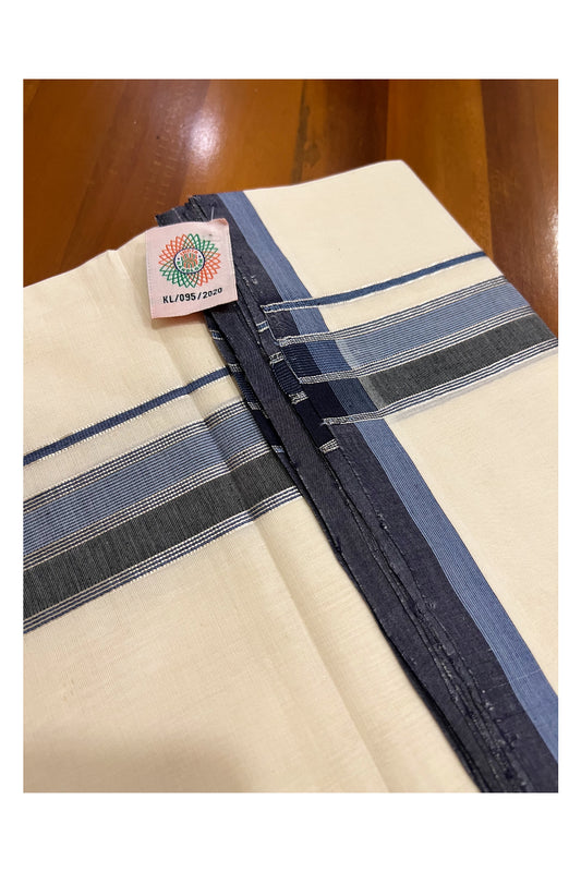 Southloom Super Premium Unakkupaavu Handloom Double Mundu with Black Blue and Silver Kasavu Border