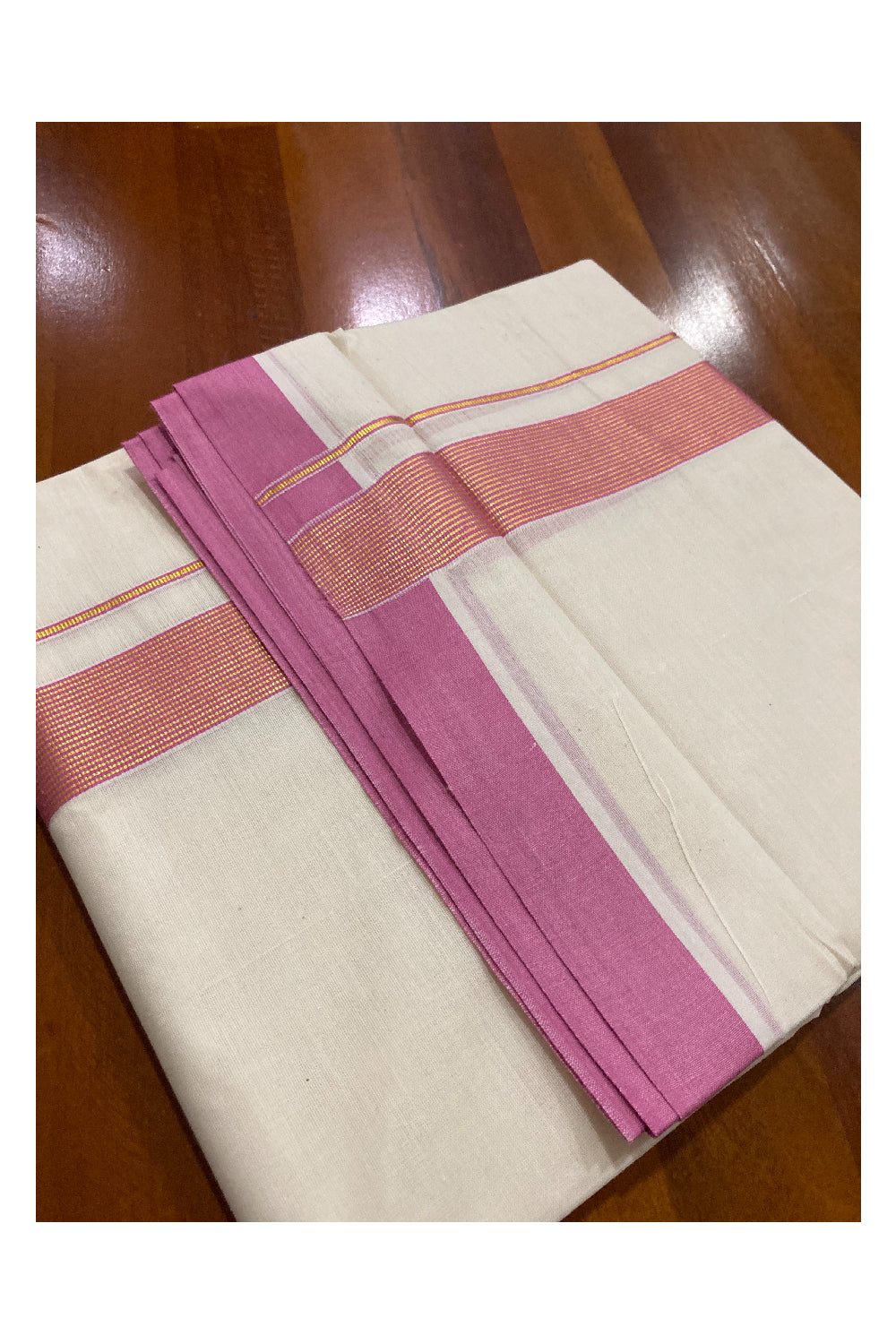 Off White Kerala Double Mundu with Kasavu and Pink Line Border (South Indian Dhoti)