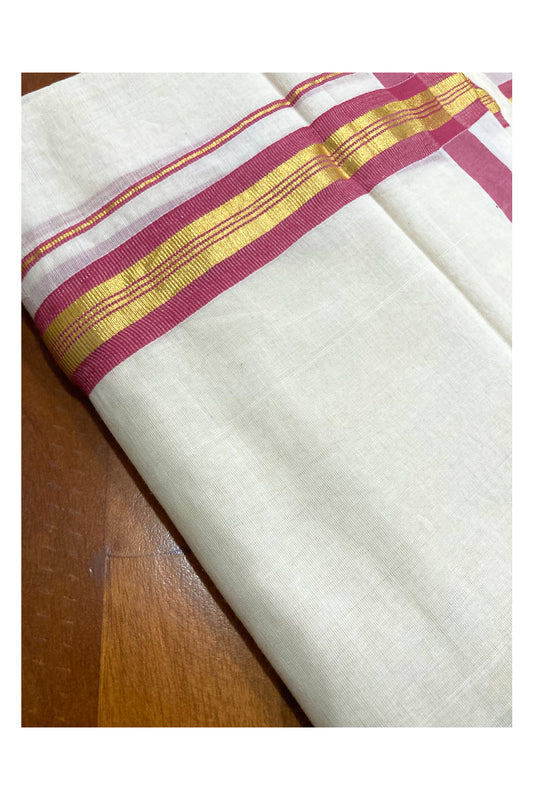 Southloom Premium Handloom Pure Cotton Mundu with Kasavu and Pink Border (South Indian Dhoti)