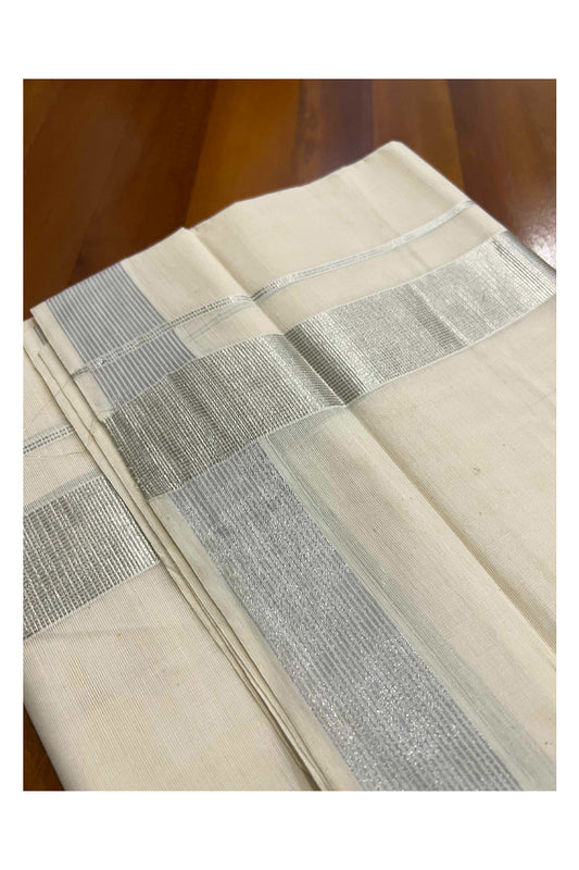 Off White Pure Cotton Double Mundu with Silver Kasavu Lines Border (South Indian Dhoti)