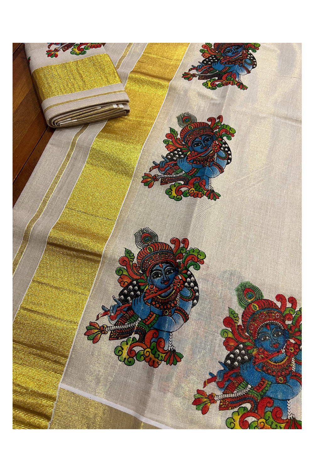 Kerala Tissue Kasavu Set Mundu (Mundum Neriyathum) with Krishna Mural Printed Design