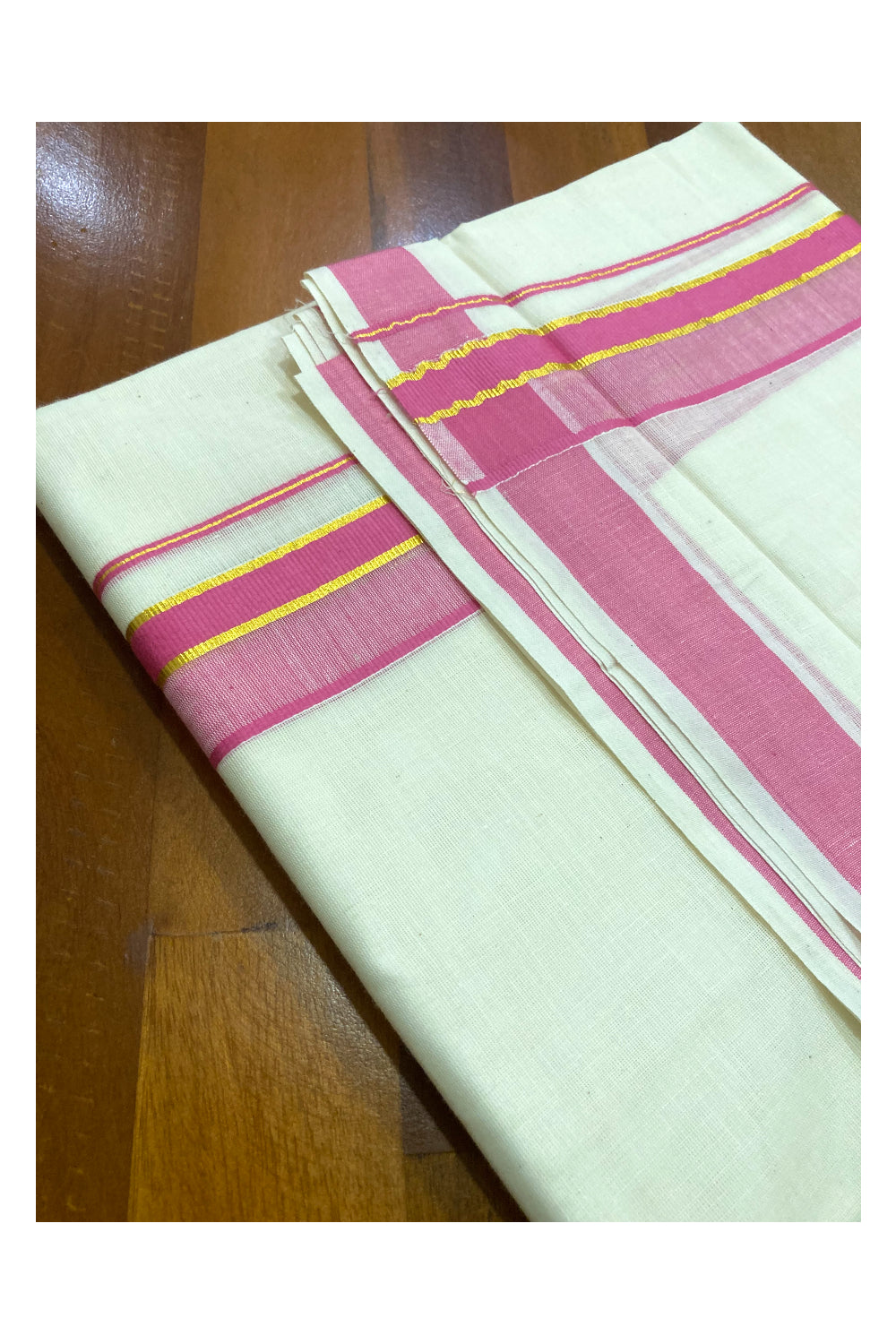 Pure Cotton Off White Double Mundu with Pink and Kasavu Border (South Indian Dhoti)