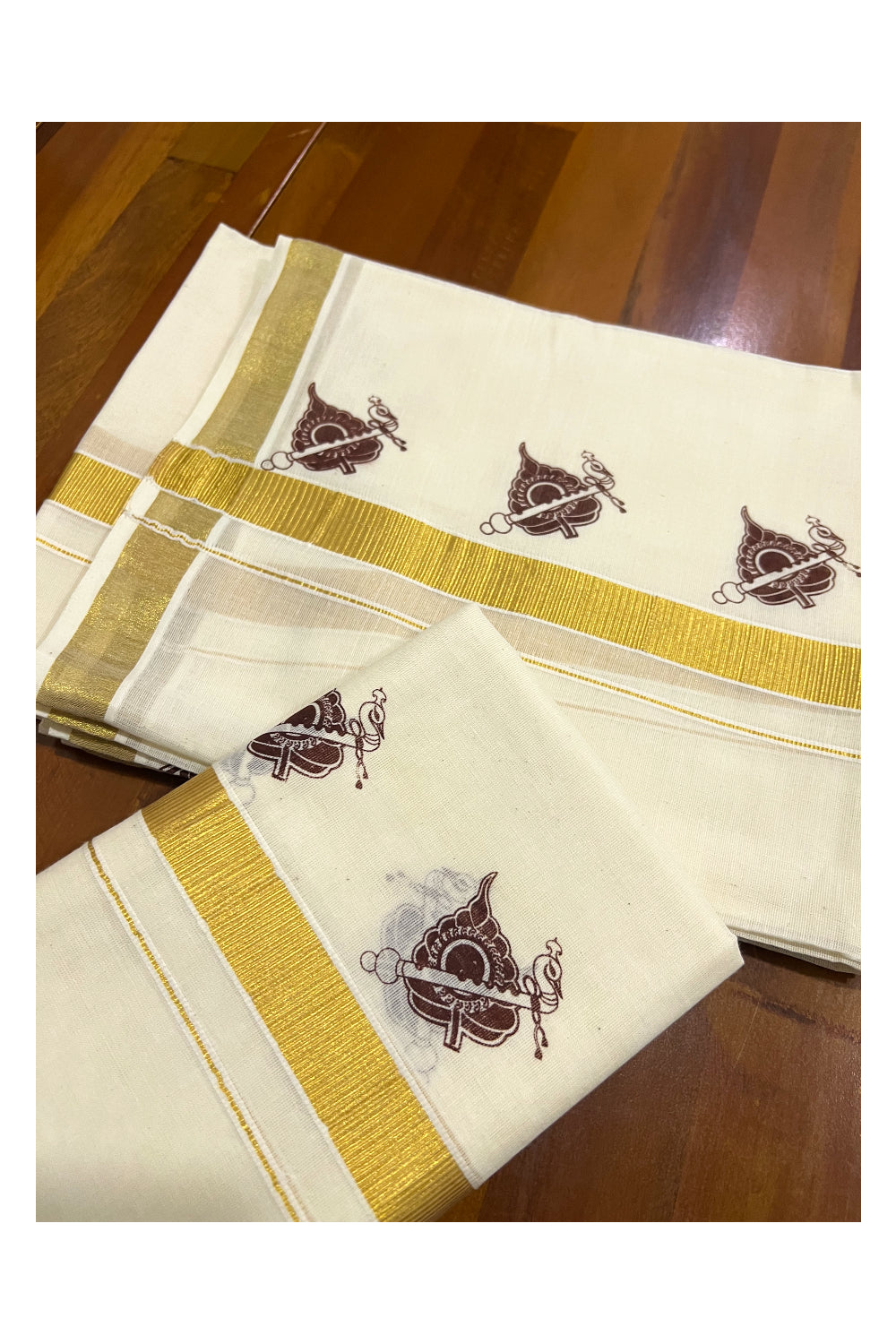 Kerala Cotton Kasavu Set Mundu (Mundum Neriyathum) with Brown Block Prints