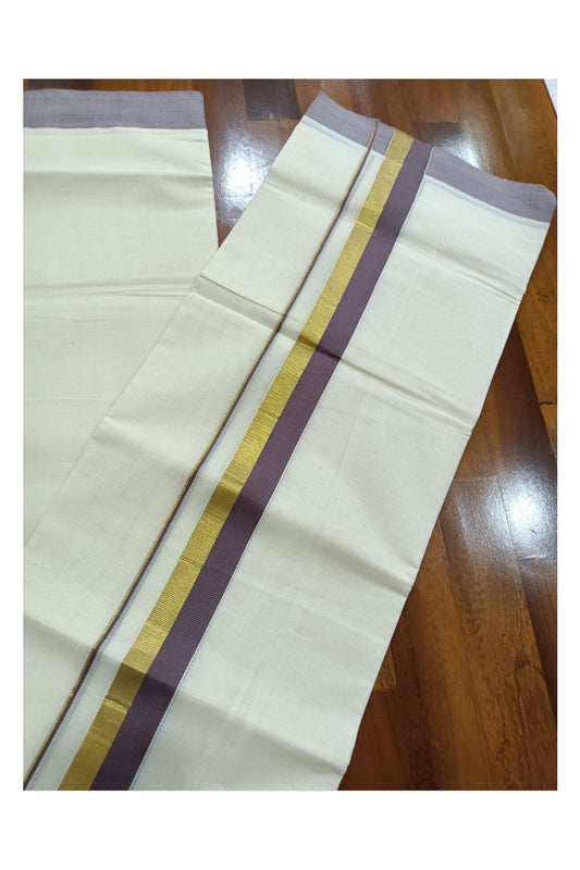 Off White Kerala Double Mundu with Kasavu and Light Brown Kara (South Indian Dhoti)