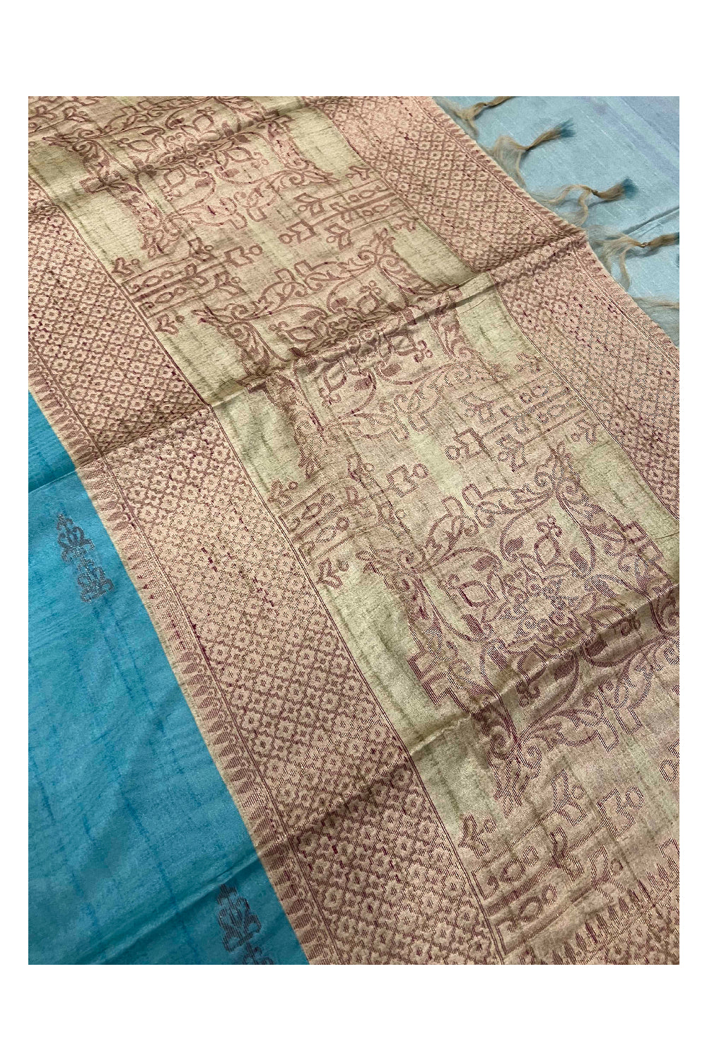 Southloom Ocean Blue Semi Tussar Designer Saree with Light Brown Border