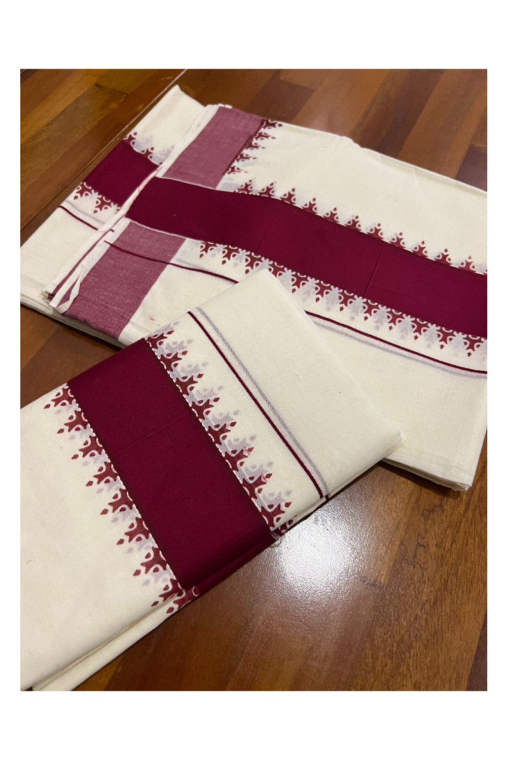 Pure Cotton Set Mundu (Mundum Neriyathum) with Maroon Temple Block Prints Border