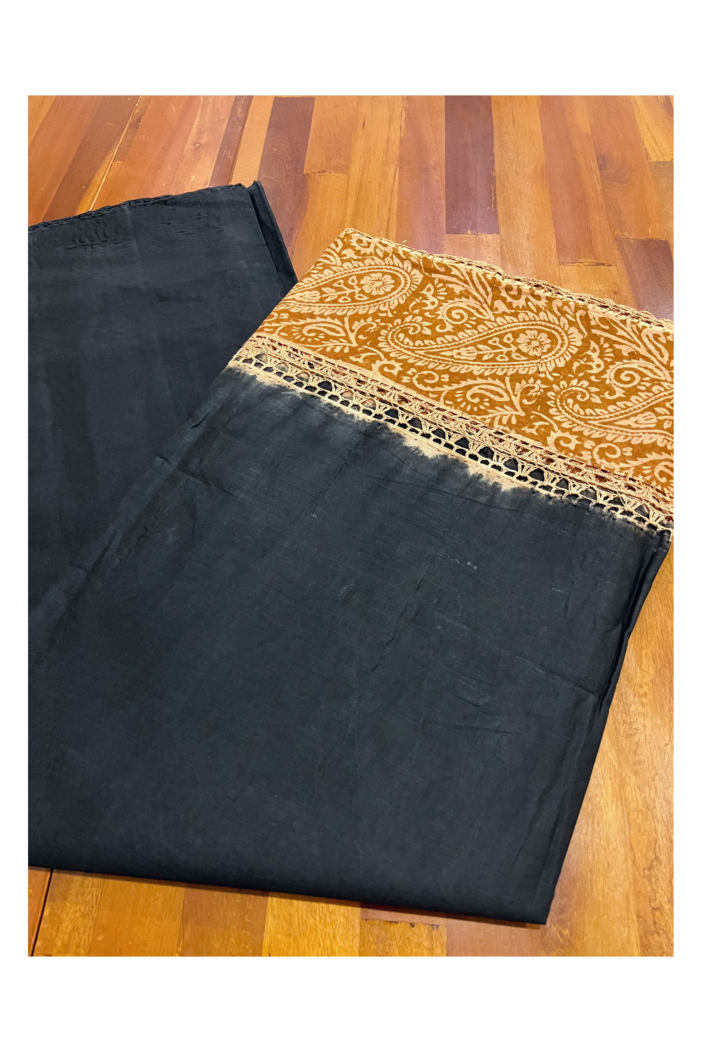 Southloom Pure Cotton Black Saree with Designer Orange Crochet works on Border