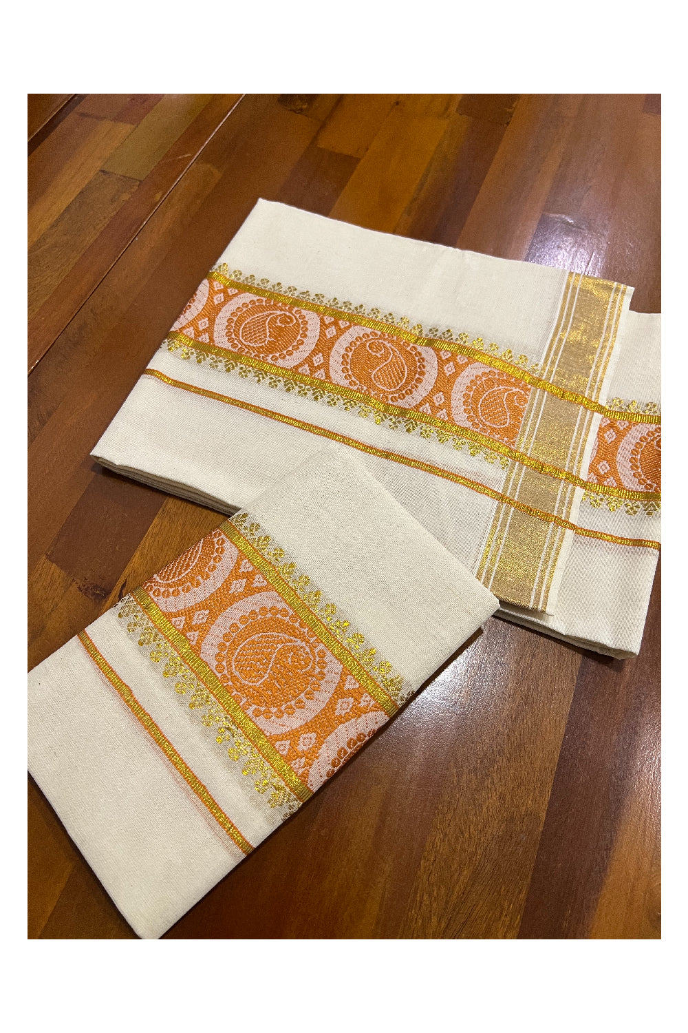 Kerala Cotton Set Mundu (Mundum Neriyathum) with Orange Paisley Woven and Kasavu Border