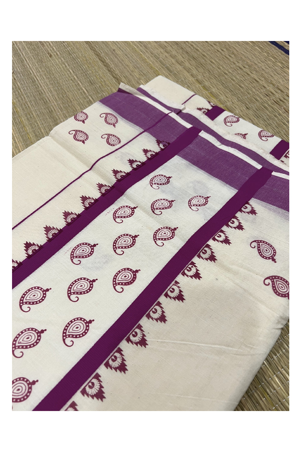 Pure Cotton Off White Kerala Saree with Magenta Paisley Block Print Border