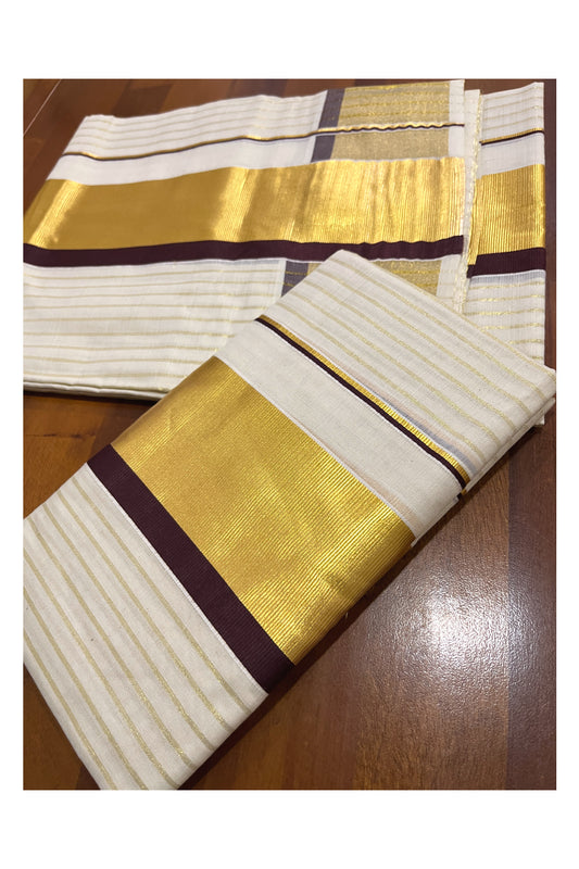 Kerala Cotton Set Mundu (Mundum Neriyathum) with Kasavu Lines on Body and Brown Border 2.80 Mtrs