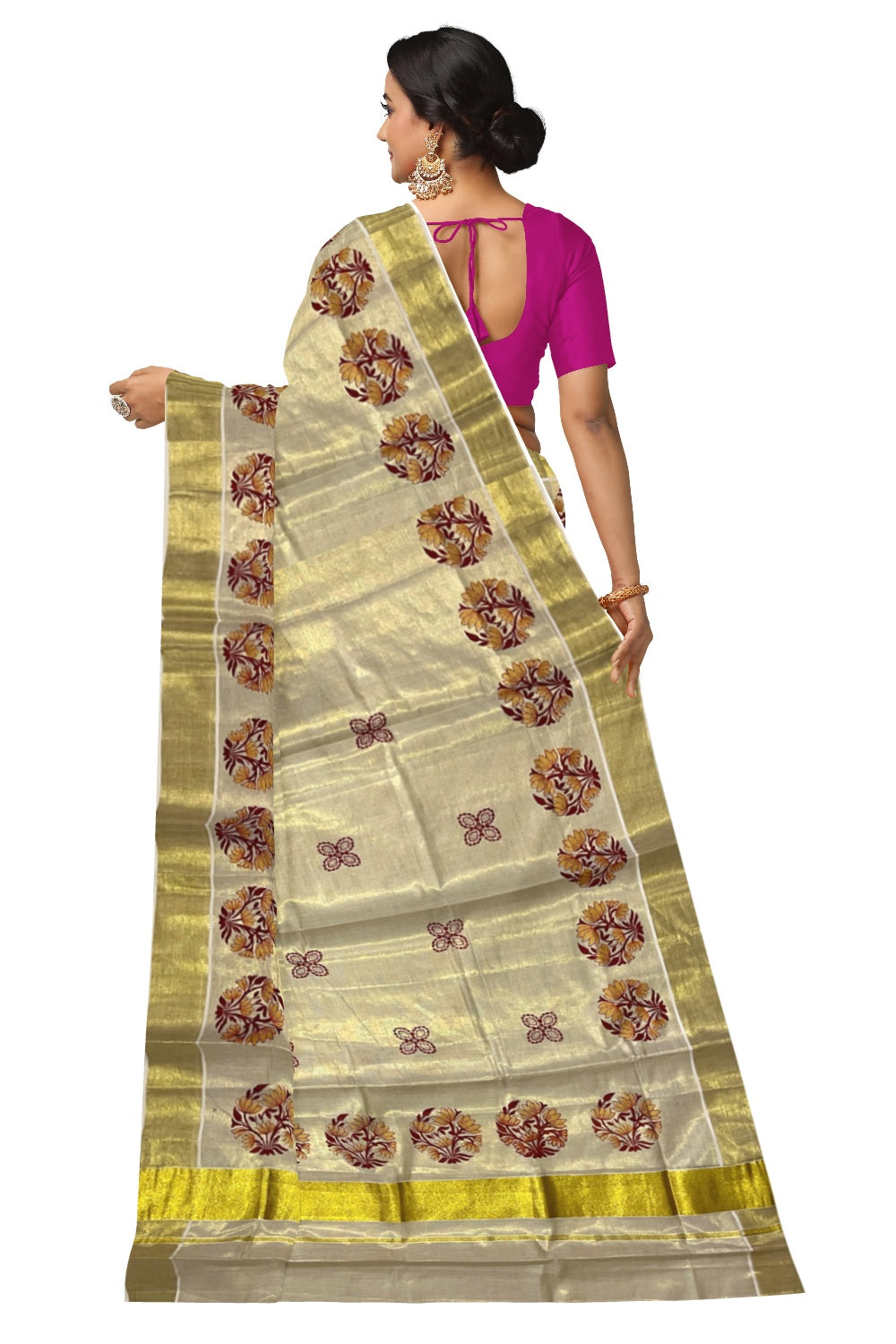 Kerala Tissue Kasavu Orange Golden Block Printed Design Saree