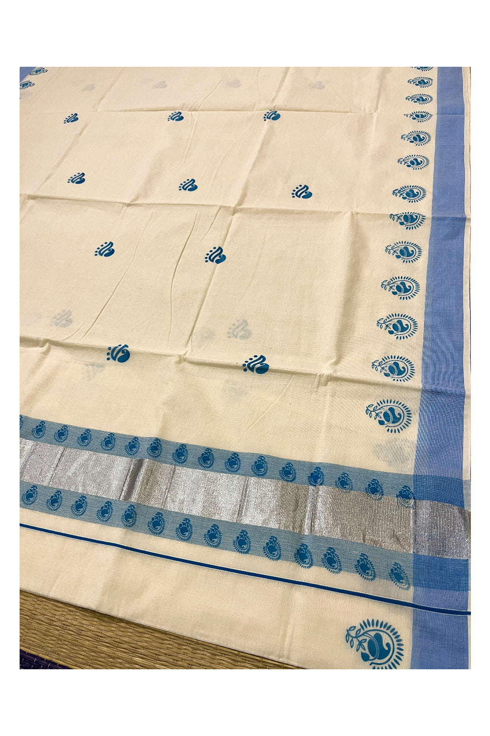 Pure Cotton Kerala Saree with Blue Paisley Block Prints on Silver Kasavu Border