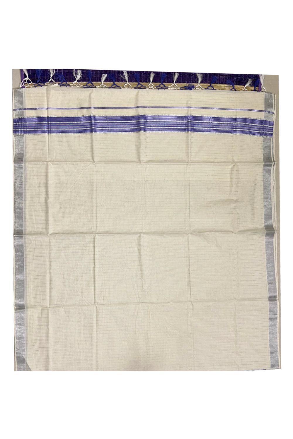 Pure Cotton Kerala Silver Lines Saree with Violet and Silver Pallu
