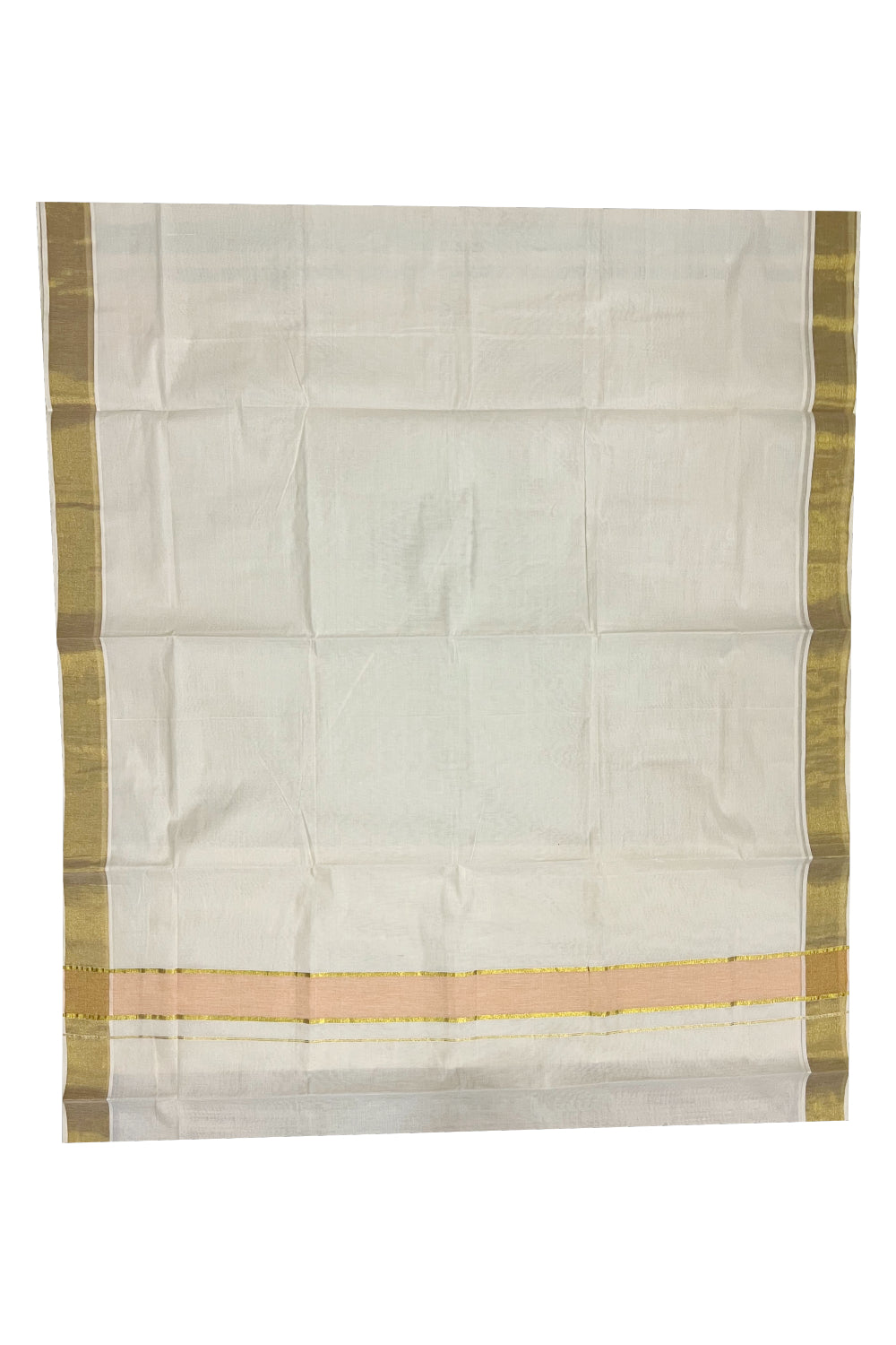 Pure Cotton Kerala Plain Saree with Kasavu Border and Light Orange Kasavu Pallu