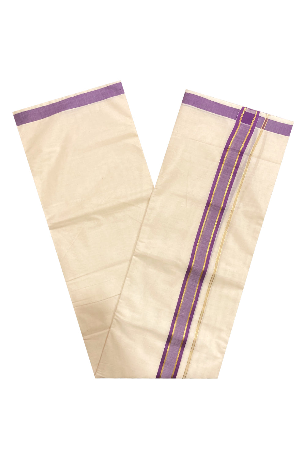 Off White Pure Cotton Double Mundu with Kasavu and Violet Border (South Indian Dhoti)