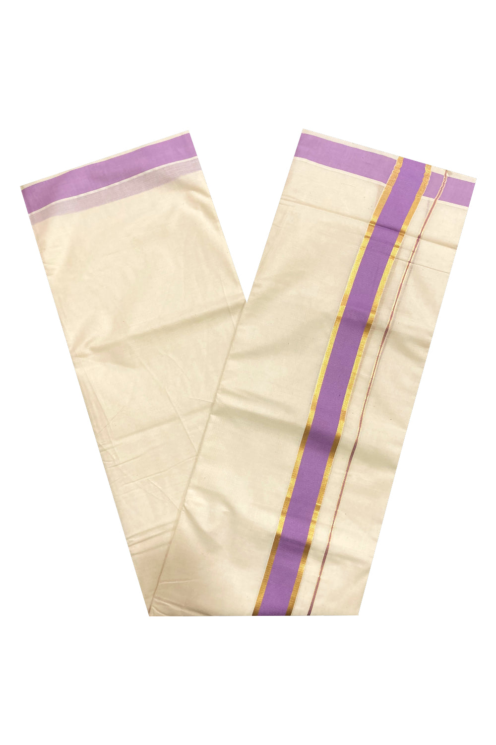 Off White Pure Cotton Double Mundu with Kasavu and Violet Border (South Indian Kerala Dhoti)