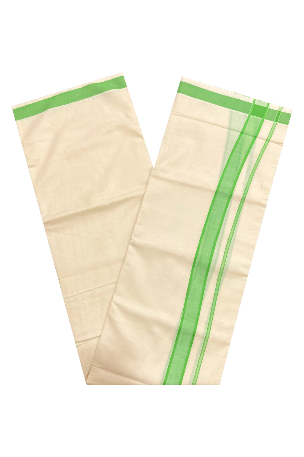 Off White Pure Cotton Double Mundu with Green Border (South Indian Kerala Dhoti)