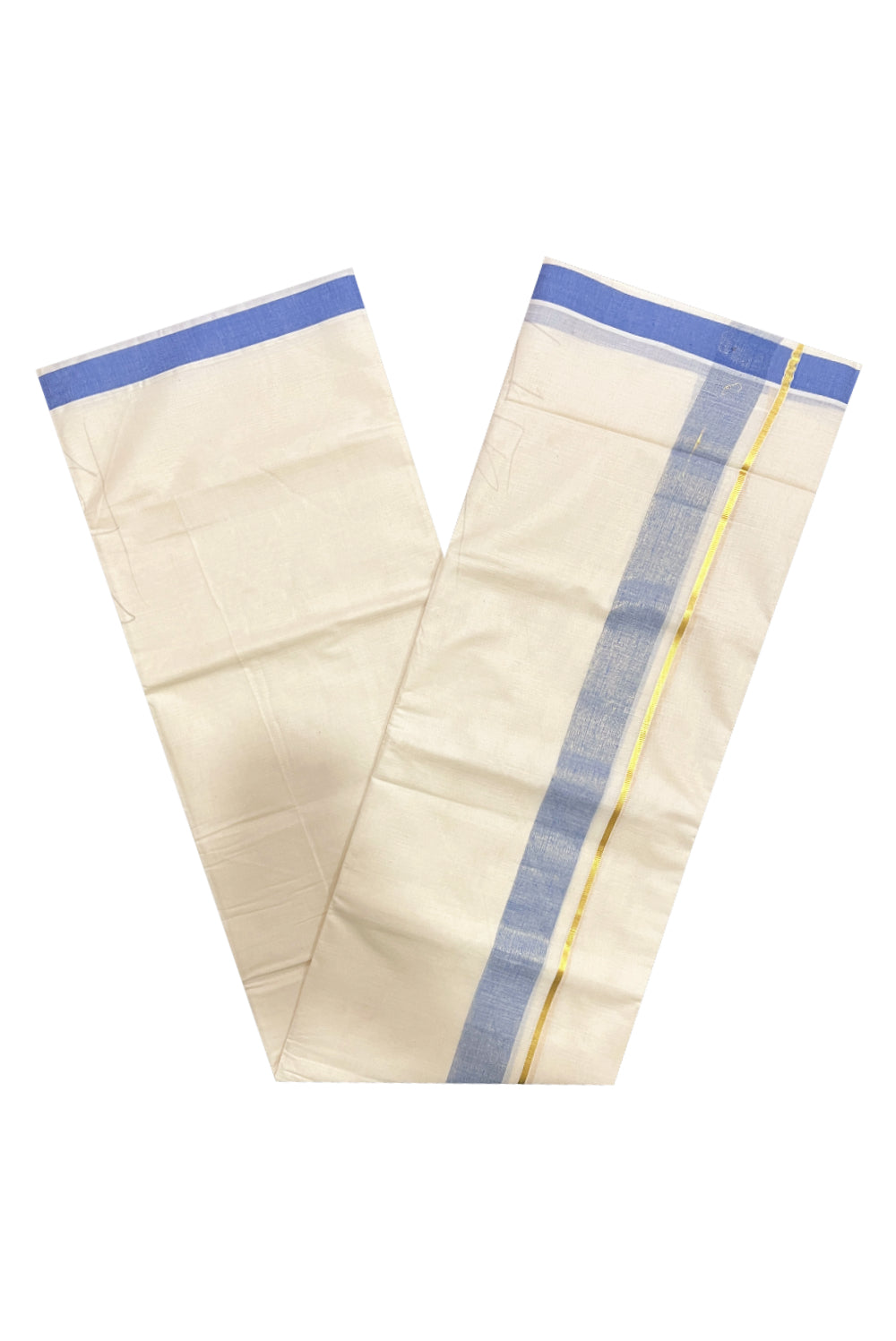 Pure Cotton Double Mundu with Kasavu Blue Kara (South Indian Dhoti)