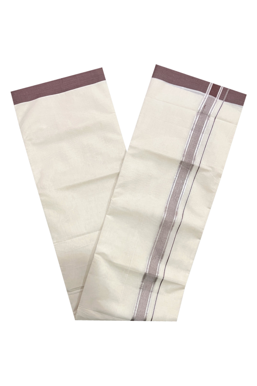 Pure Cotton Off White Double Mundu with Purple and Silver Kara (South Indian Dhoti)