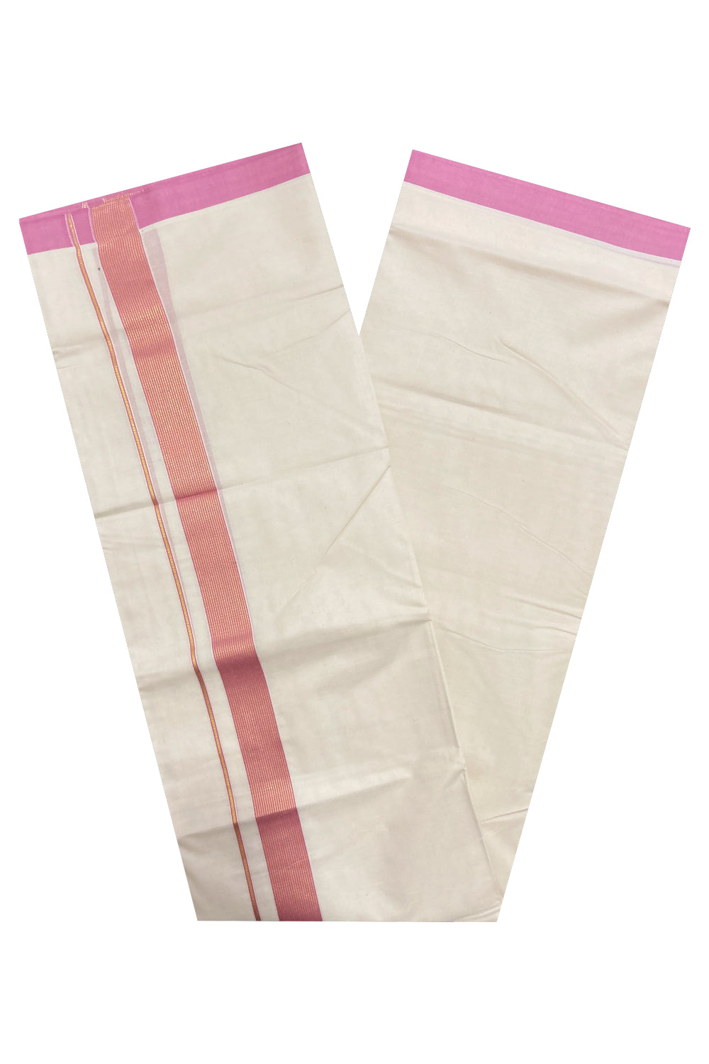 Off White Kerala Double Mundu with Kasavu and Pink Line Border (South Indian Dhoti)