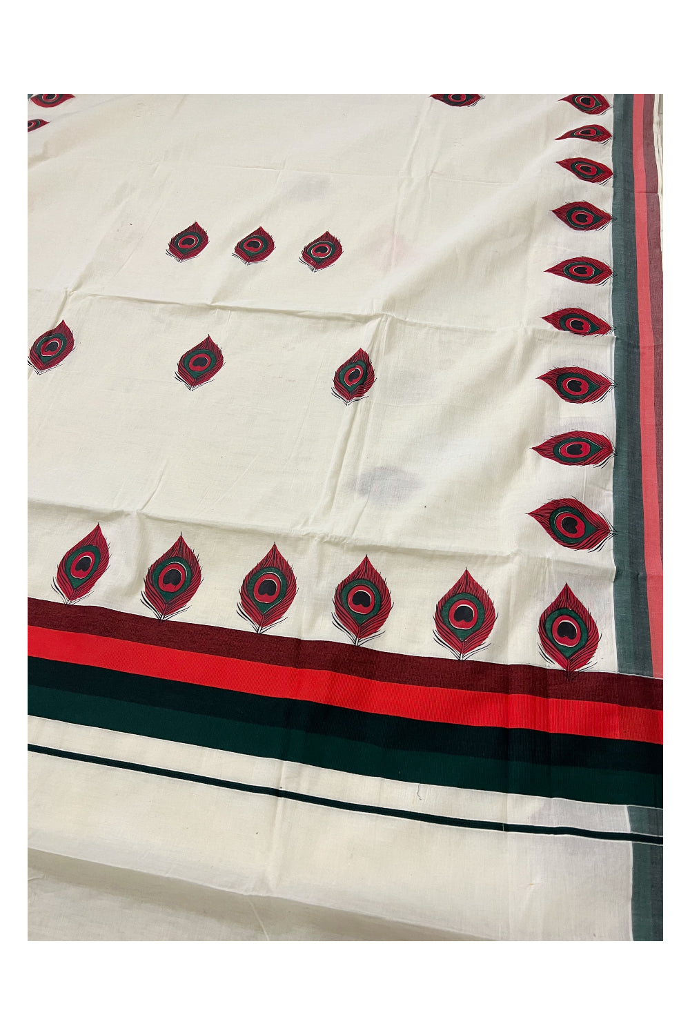 Pure Cotton Dark Green and Red Border Kerala Saree with Feather Block Printed Design