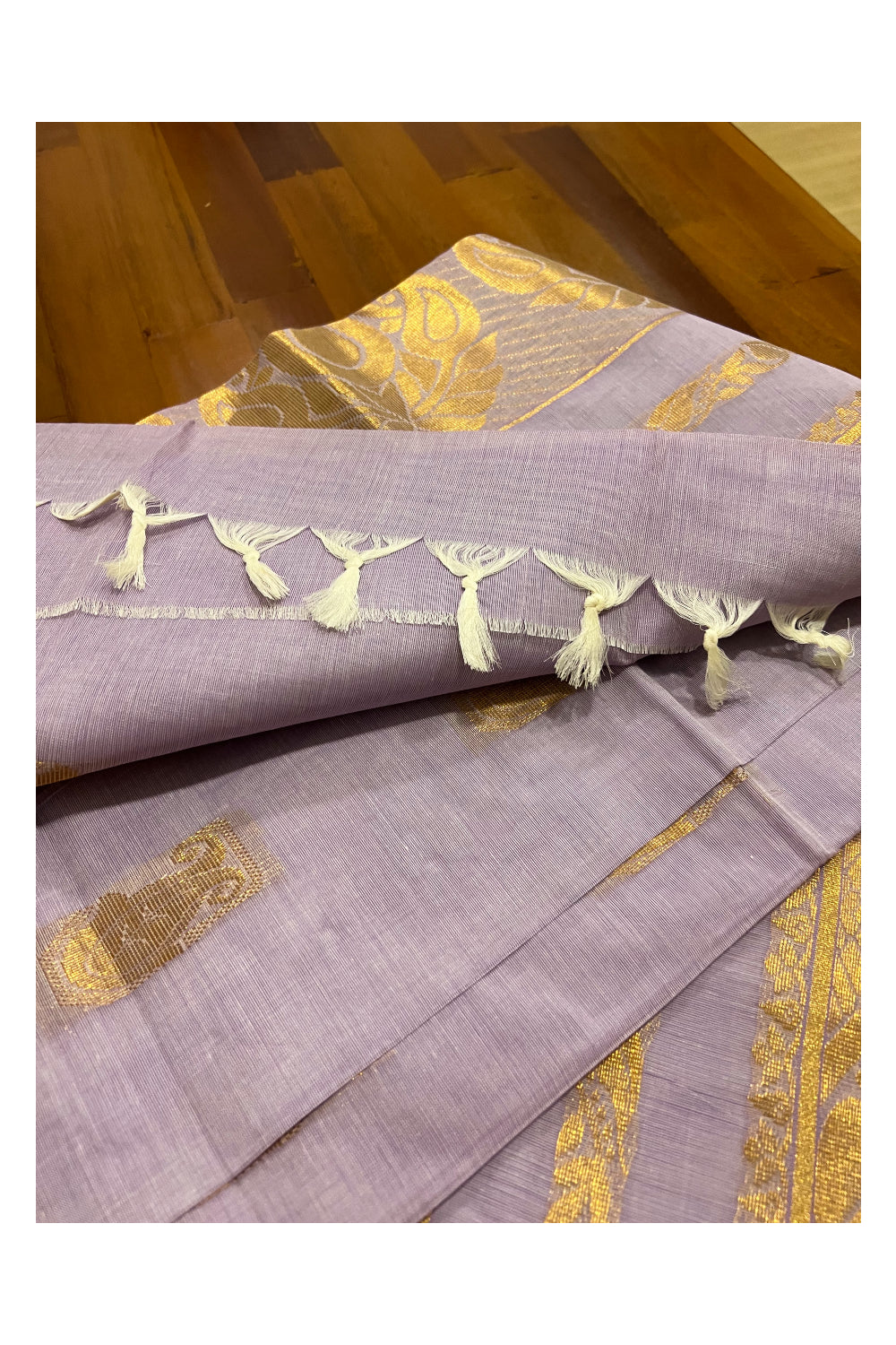 Pure Cotton Light Violet Kerala Saree with Kasavu Woven Works on Body