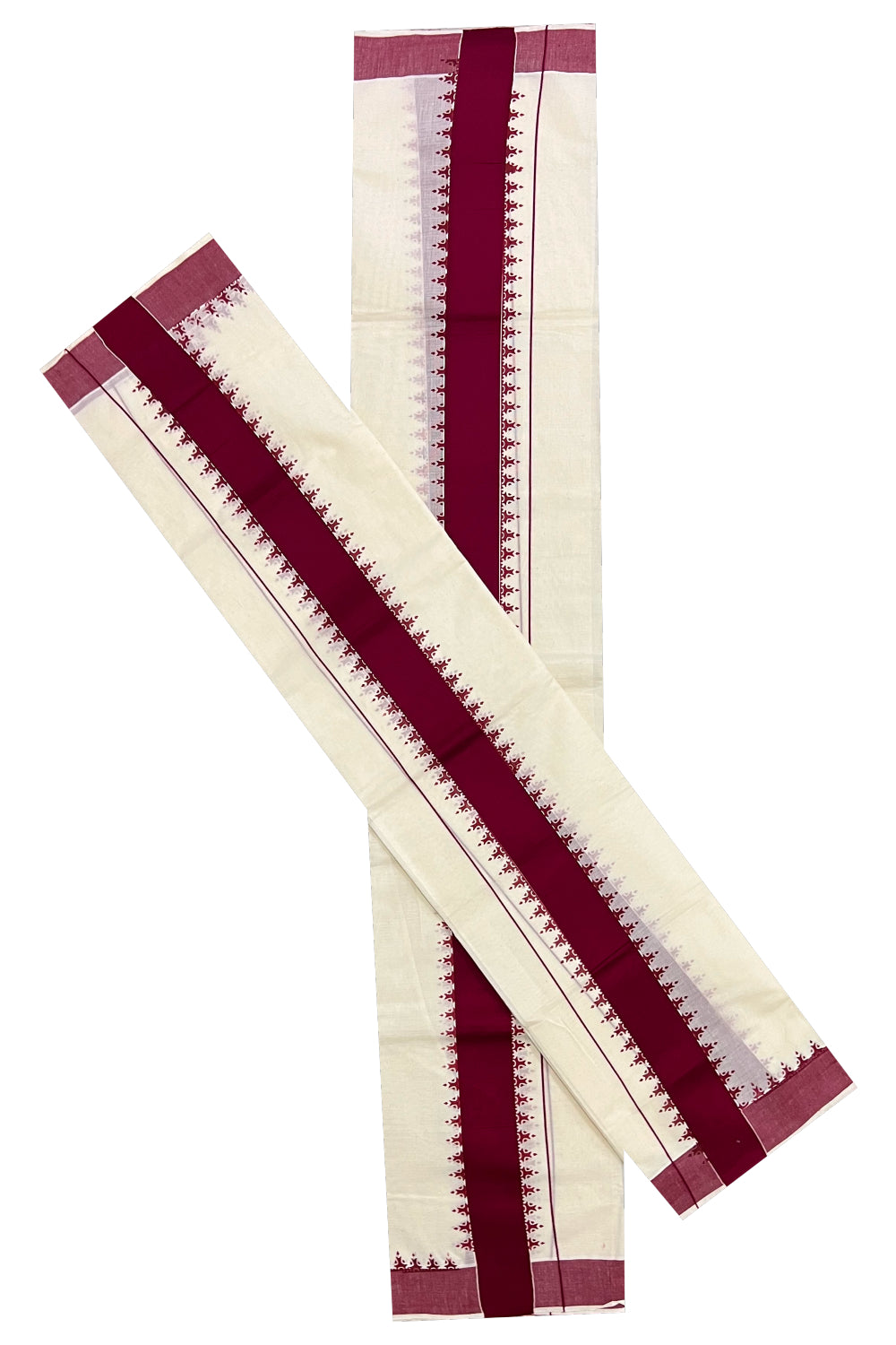 Pure Cotton Set Mundu (Mundum Neriyathum) with Maroon Temple Block Prints Border