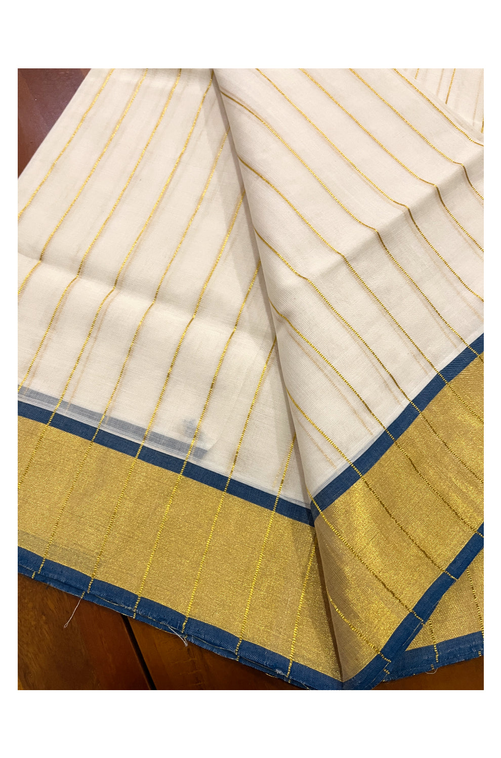 Southloom™ Original Handloom Cotton Saree with Blue Border and Kasavu Lines Across Body