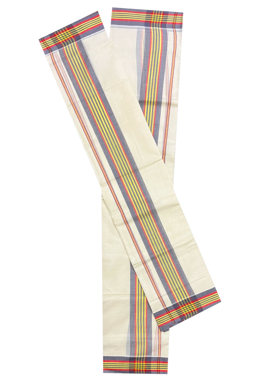 Kerala Cotton Mundum Neriyathum Single (Set Mundu) with Grey Yellow and Orange Mulloth Border (Extra Soft Cotton)