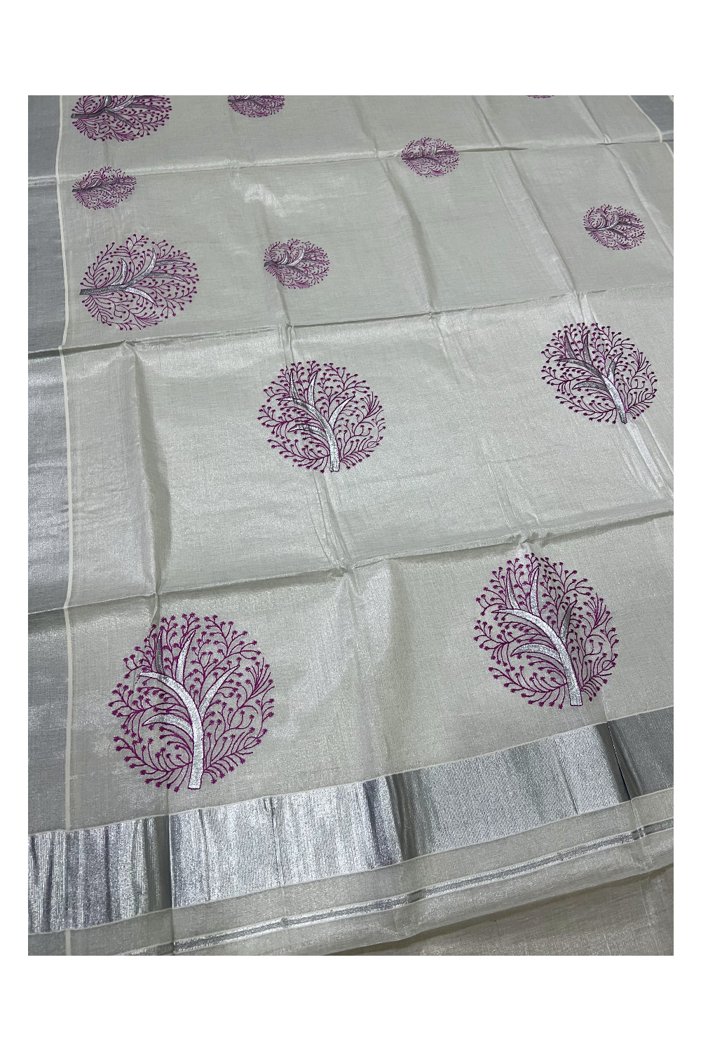 Kerala Silver Tissue Kasavu Saree with Magenta Floral Thread works