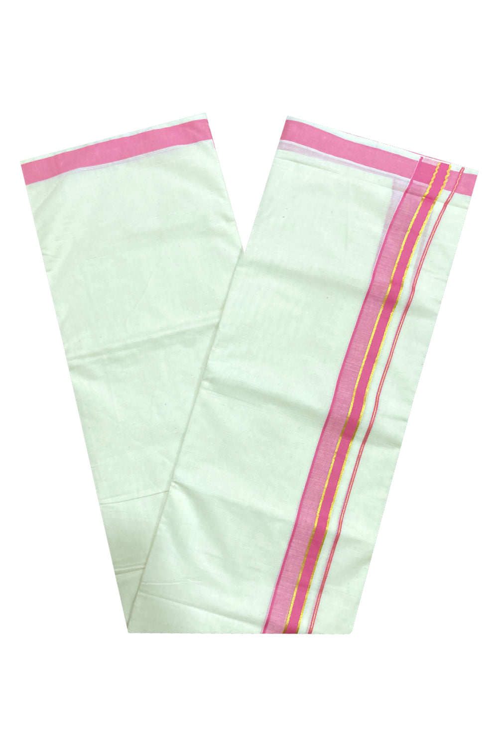 Pure Cotton Off White Double Mundu with Pink and Kasavu Border (South Indian Dhoti)