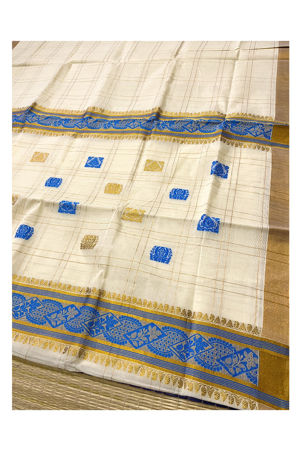 Pure Cotton Kerala Heavy Work Saree with Blue and Kasavu Check Design