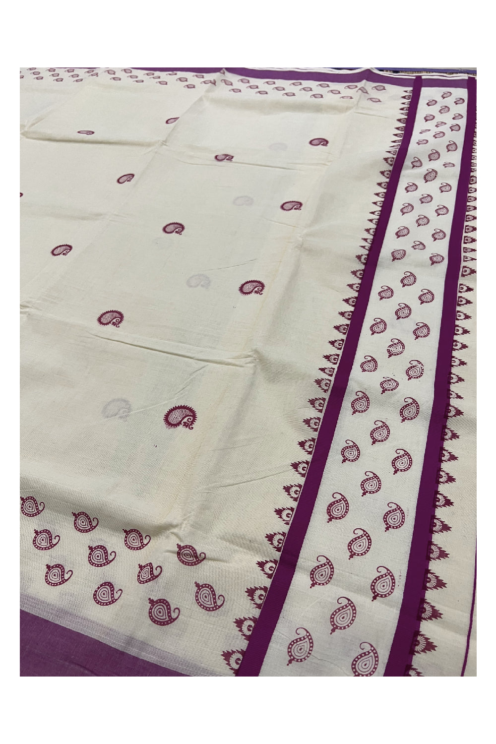 Pure Cotton Off White Kerala Saree with Magenta Paisley Block Print Border