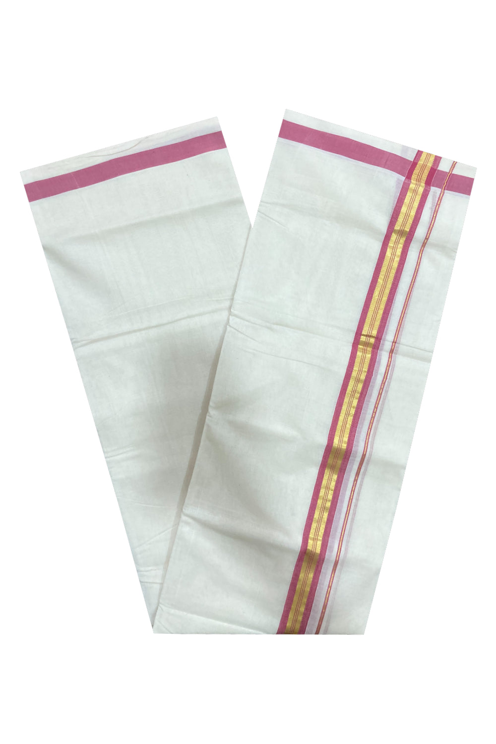 Southloom Premium Handloom Pure Cotton Mundu with Kasavu and Pink Border (South Indian Dhoti)