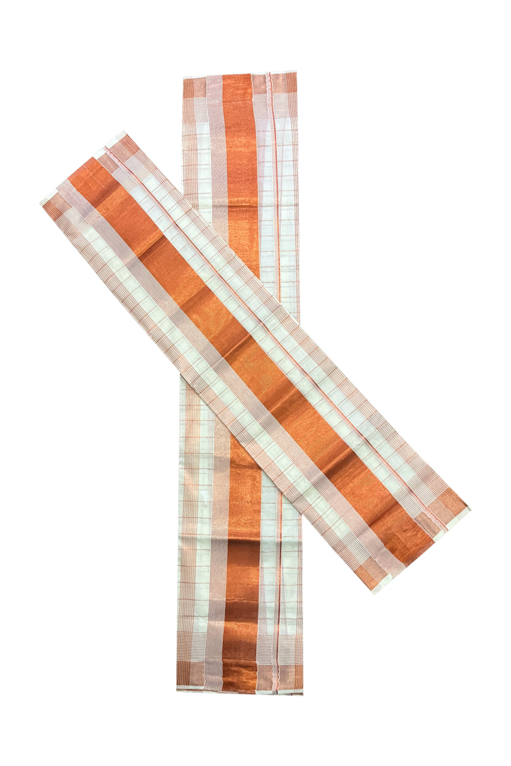 Kerala Cotton Set Mundu (Mundum Neriyathum) with Copper Kasavu Checks Across Body 2.80 Mtrs