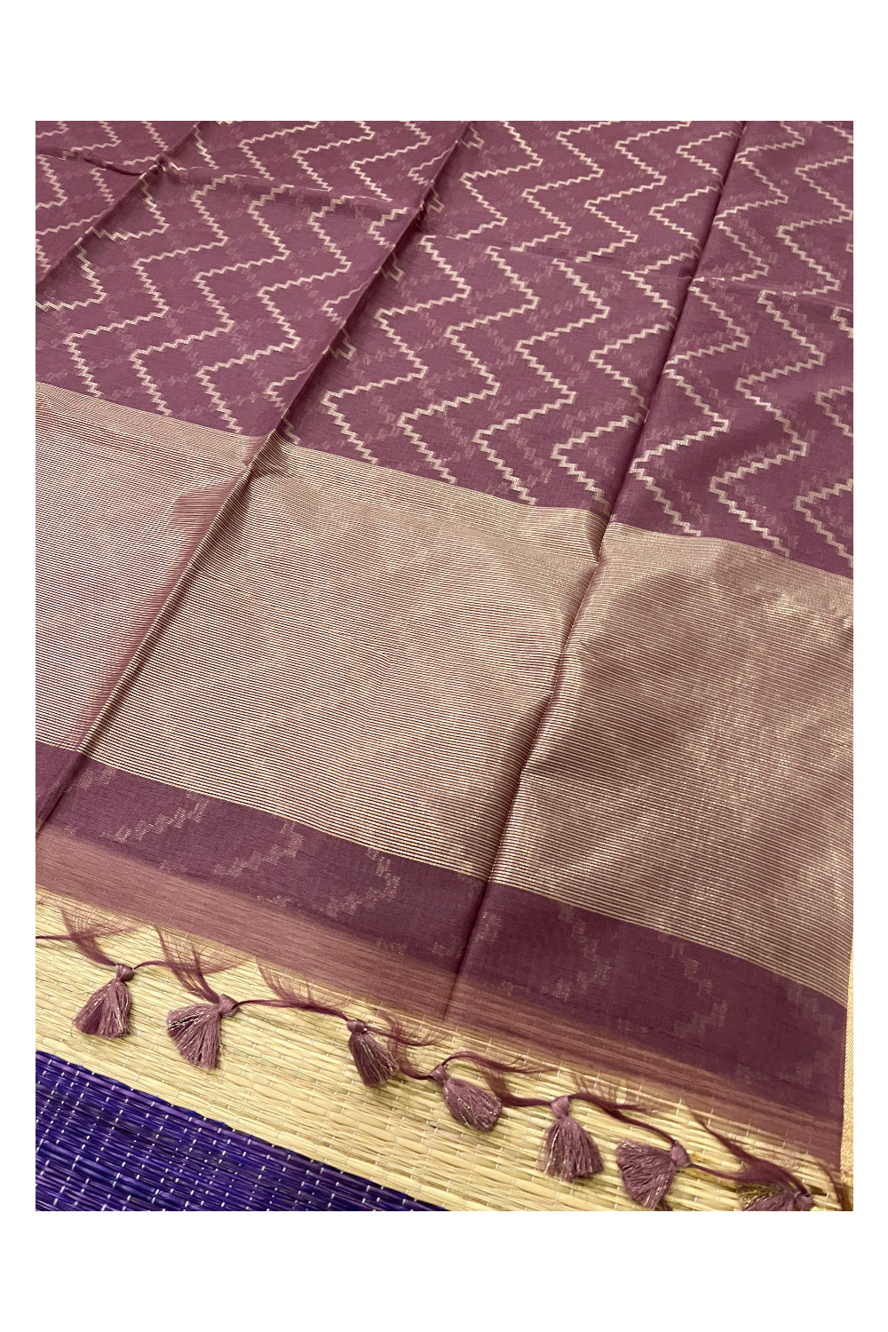 Southloom Purple Semi Tussar Designer Saree With Kasavu Zig Zag Works on Body