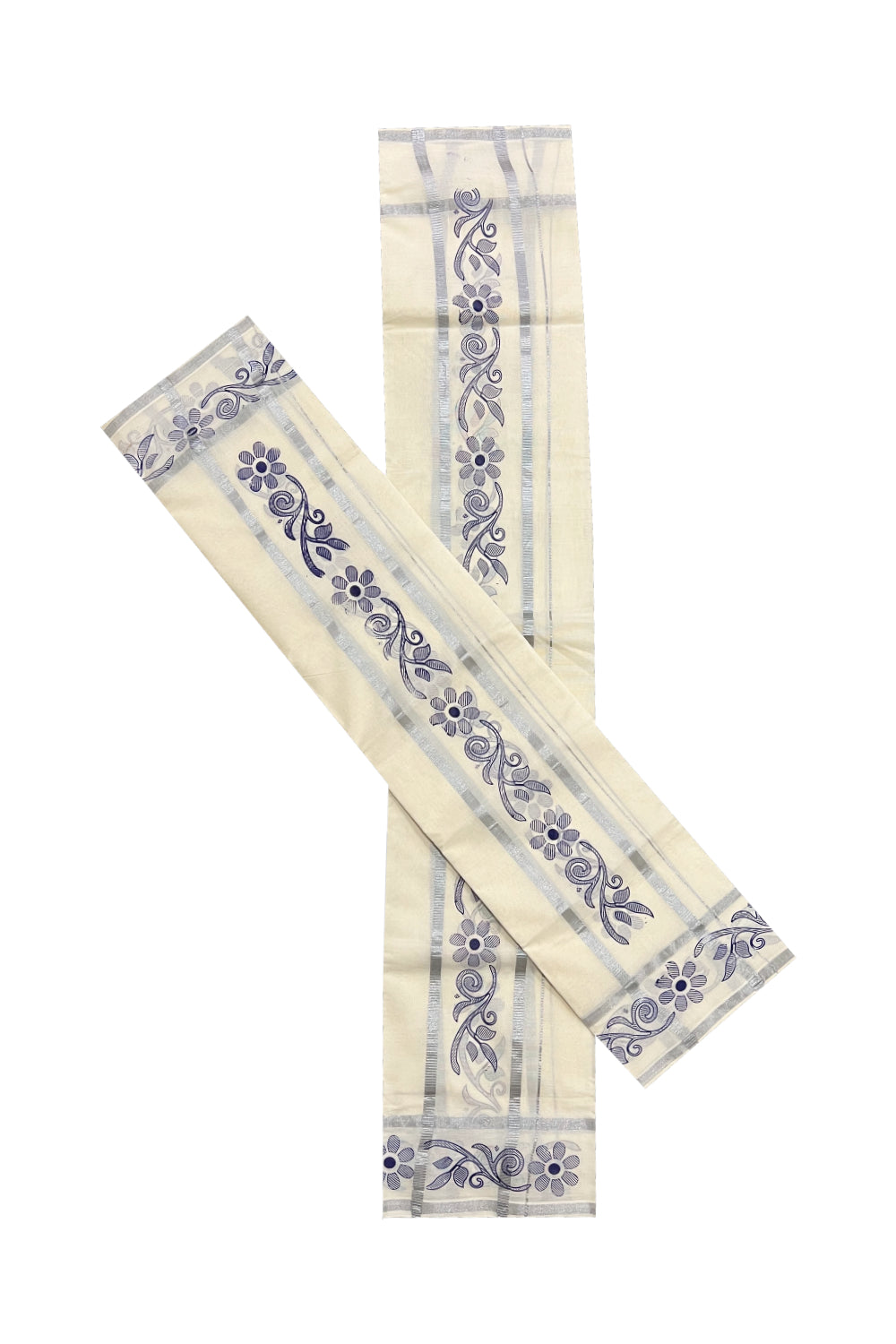 Kerala Cotton Set Mundu (Mundum Neriyathum) with Blue Block Prints in Silver Border