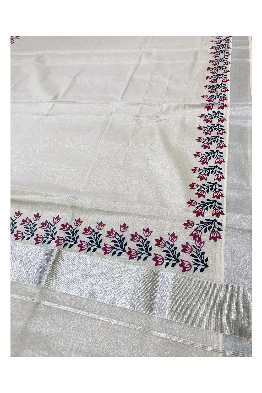 Kerala Silver Tissue Kasavu Saree with Maroon and Black Block Prints