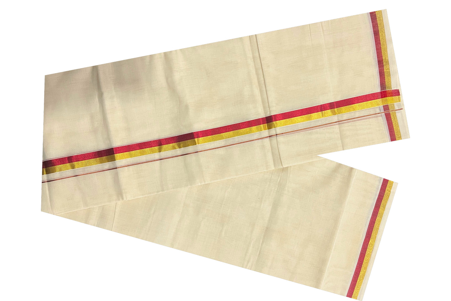 Southloom Balaramapuram Handloom Pure Cotton Mundu with Golden and Red Kasavu Border (South Indian Dhoti)