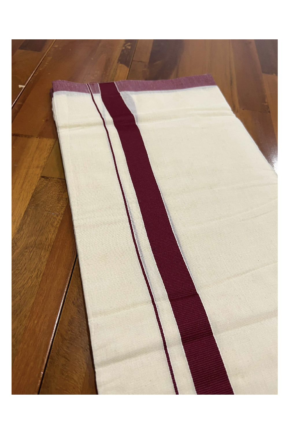 Off White Pure Cotton Double Mundu with Maroon Kara (South Indian Dhoti)