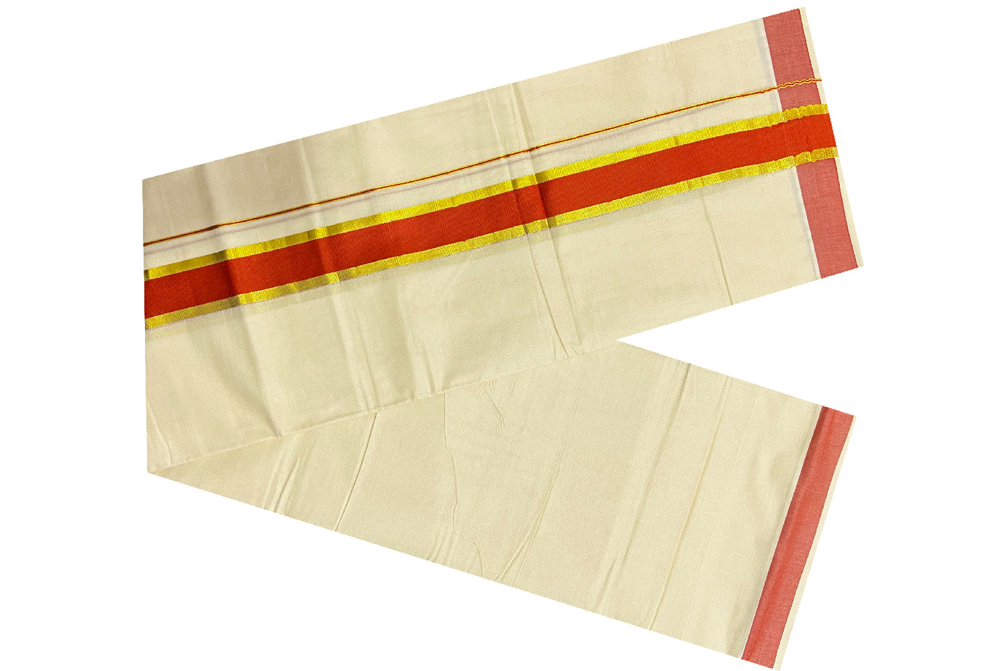 Off White Kerala Double Mundu with Kasavu and Red Border (South Indian Dhoti)