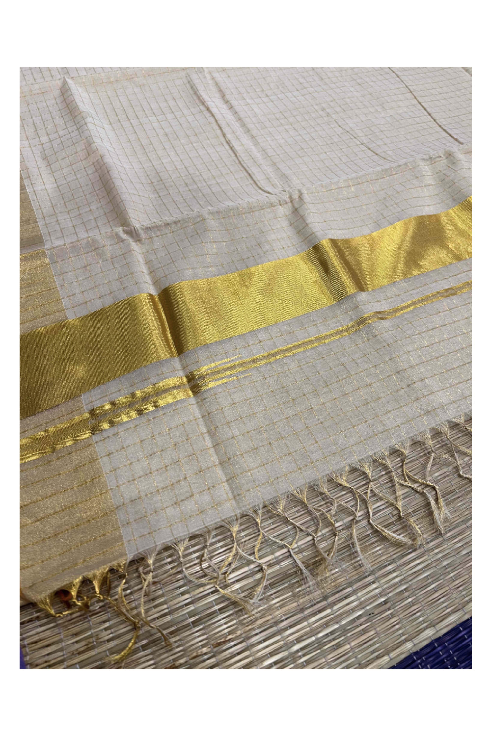 Southloom Premium Handloom Tissue Saree with Kasavu Check Design across Body