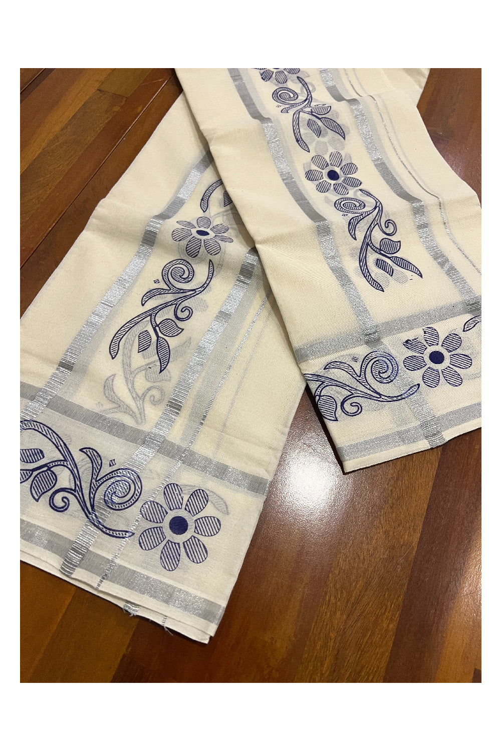 Kerala Cotton Set Mundu (Mundum Neriyathum) with Blue Block Prints in Silver Border