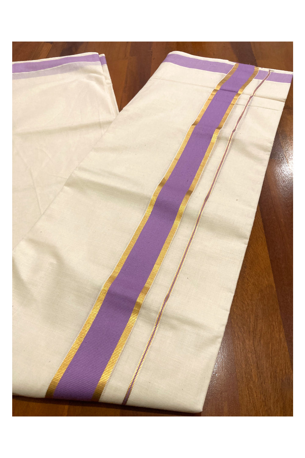 Off White Pure Cotton Double Mundu with Kasavu and Violet Border (South Indian Kerala Dhoti)