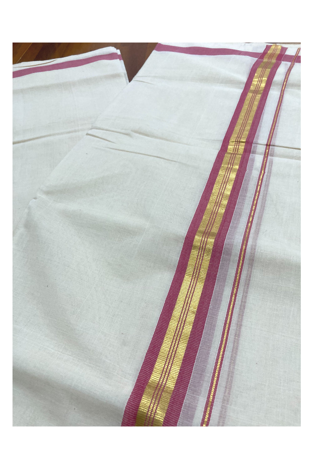 Southloom Premium Handloom Pure Cotton Mundu with Kasavu and Pink Border (South Indian Dhoti)